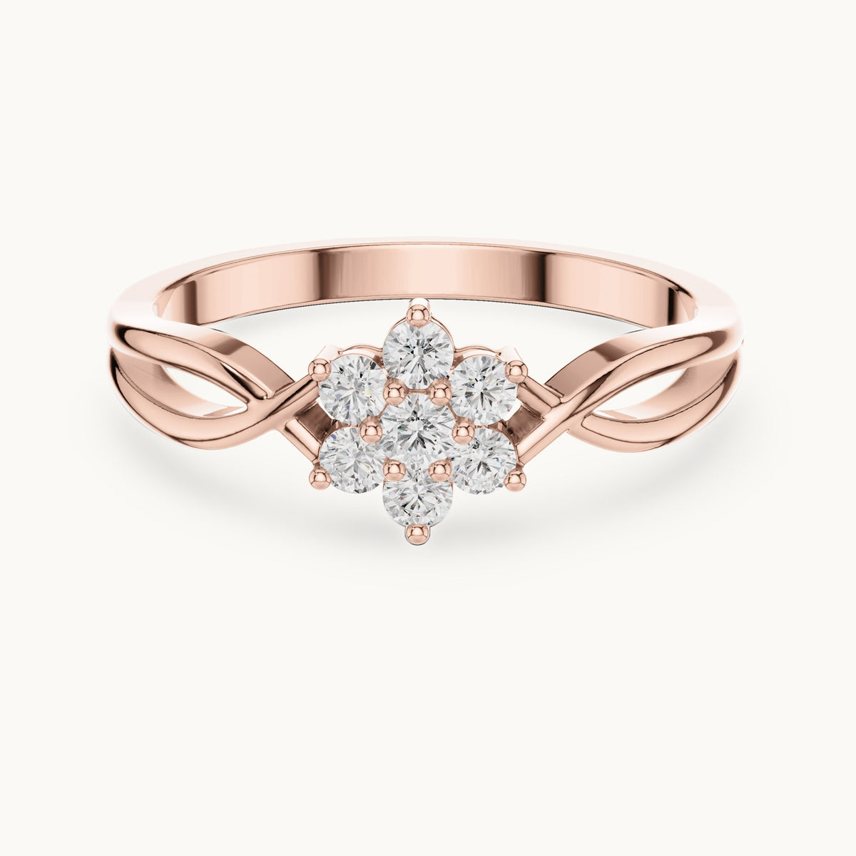 Round lab-grown diamond flower cluster ring with twisted band in rose gold, 0.18 CT TW, view 4