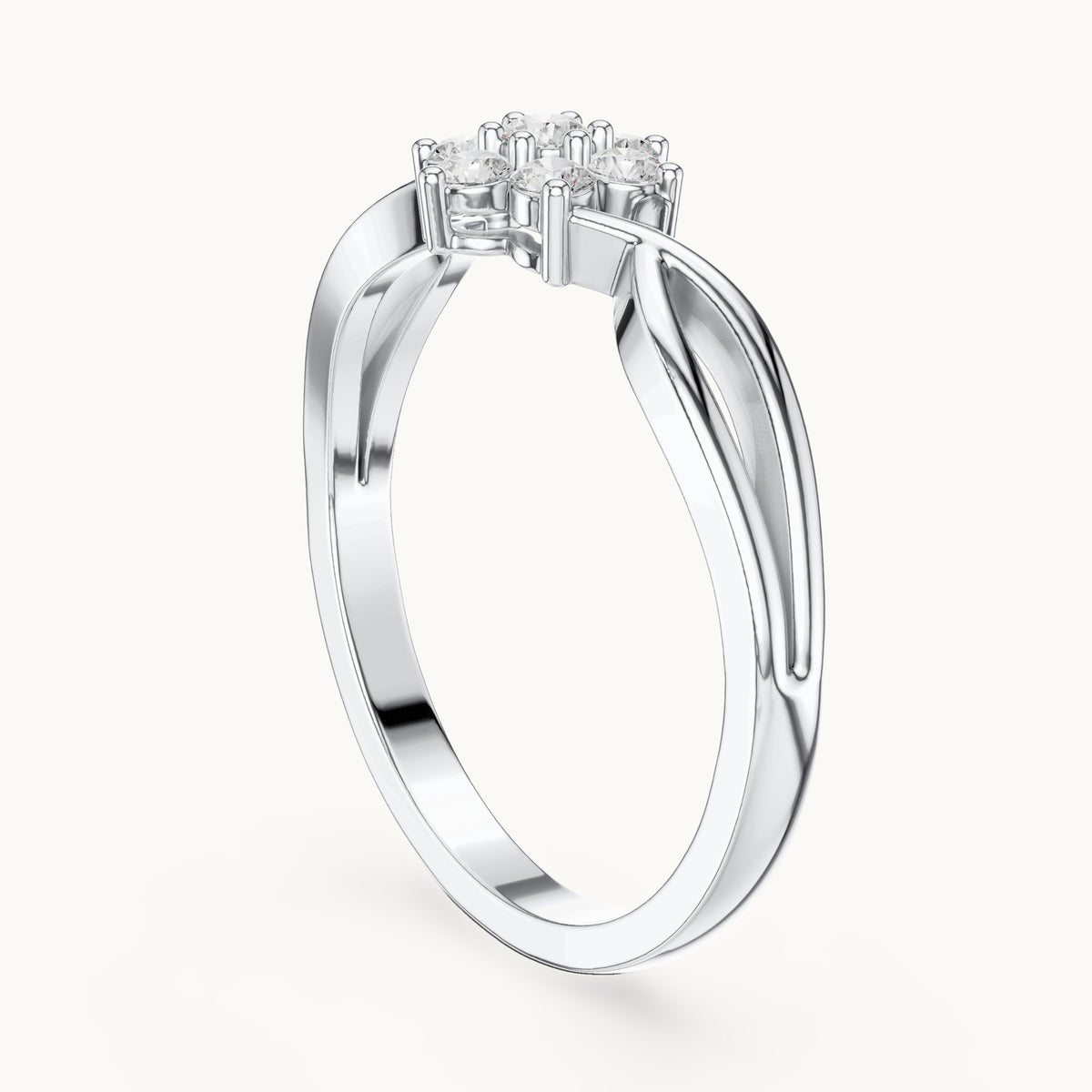 Round lab-grown diamond flower cluster ring with twisted band in white gold, 0.18 CT TW, view 1