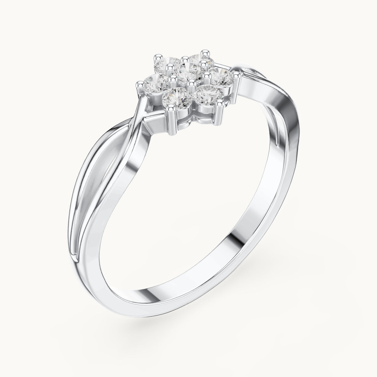 Round lab-grown diamond flower cluster ring with twisted band in white gold, 0.18 CT TW, view 2