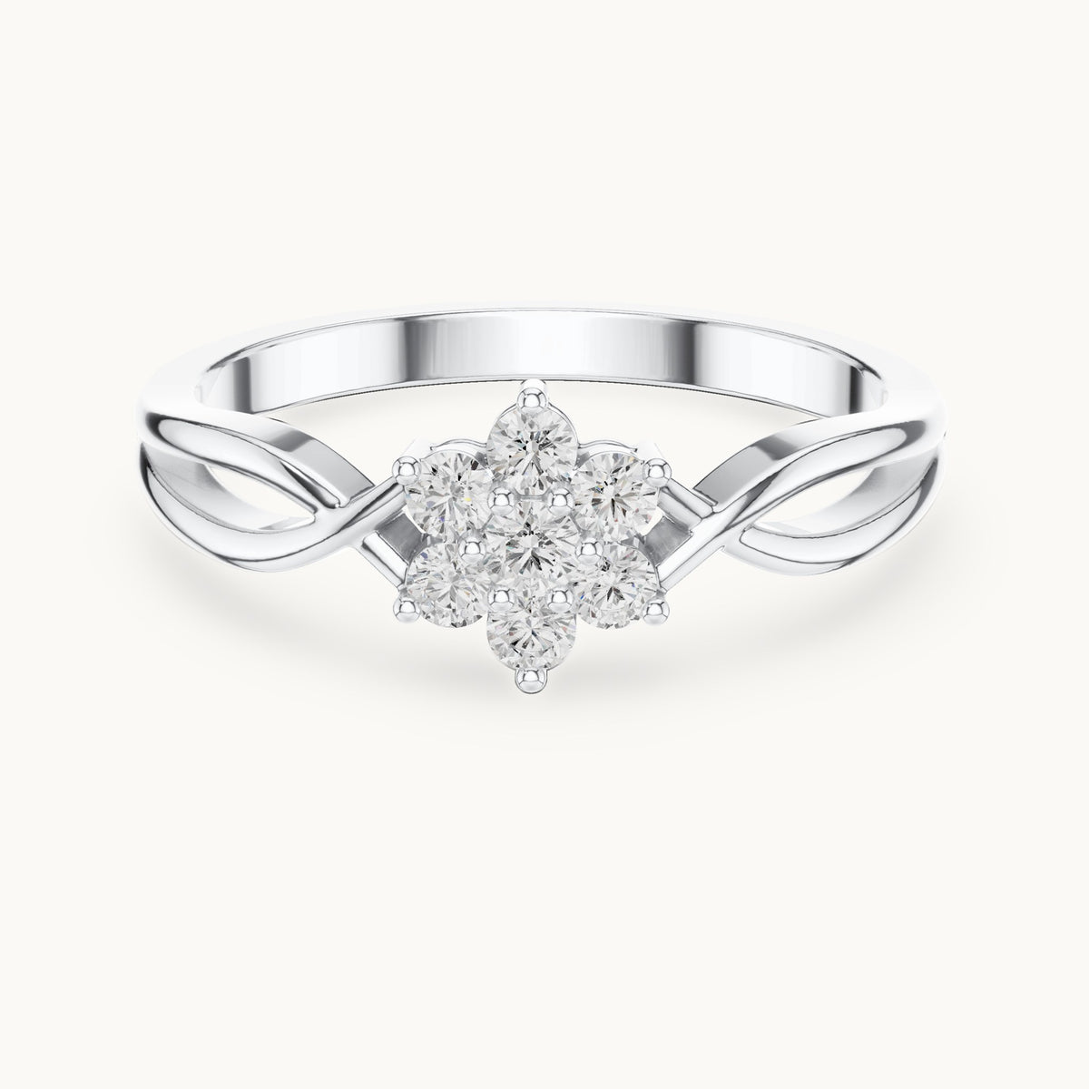 Round lab-grown diamond flower cluster ring with twisted band in white gold, 0.18 CT TW, view 4
