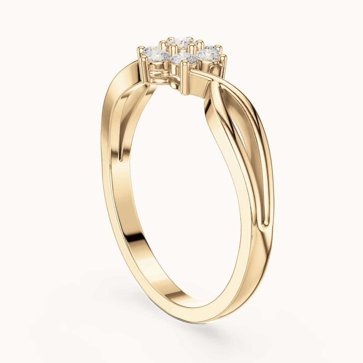 Round lab-grown diamond flower cluster ring with twisted band in yellow gold, 0.18 CT TW, view 1