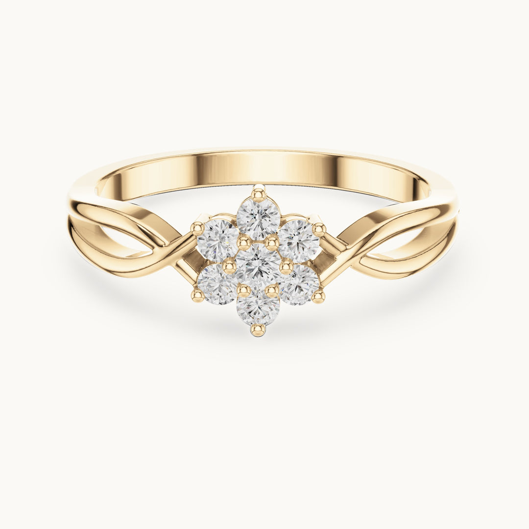 Round lab-grown diamond flower cluster ring with twisted band in yellow gold, 0.18 CT TW, view 4