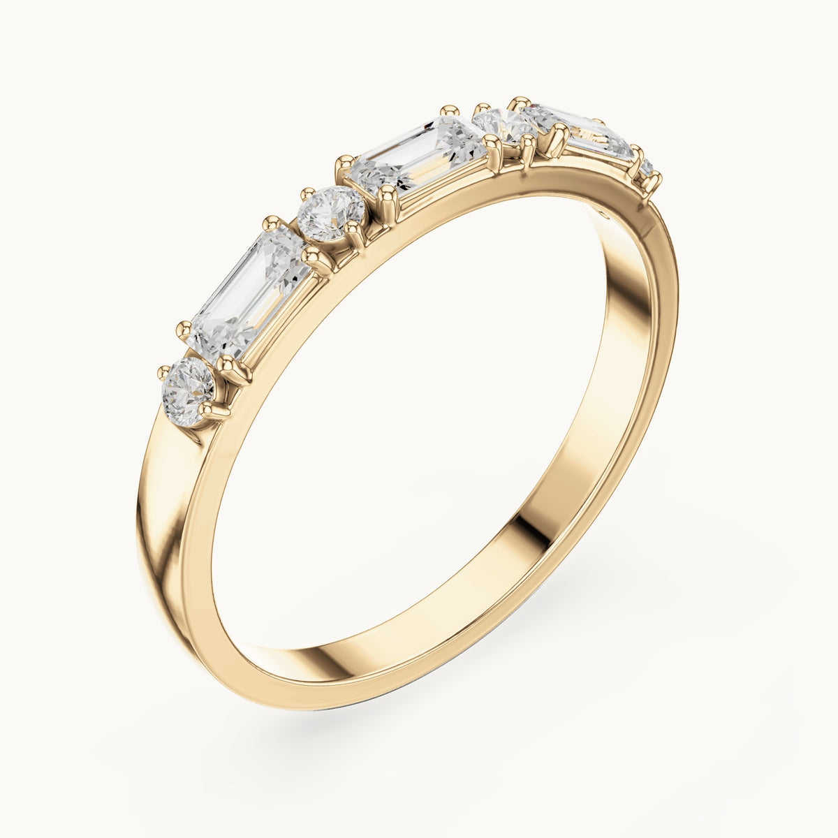 Emerald-cut and round lab-grown diamond east-west anniversary band in yellow gold, 0.36 CT TW, view 2