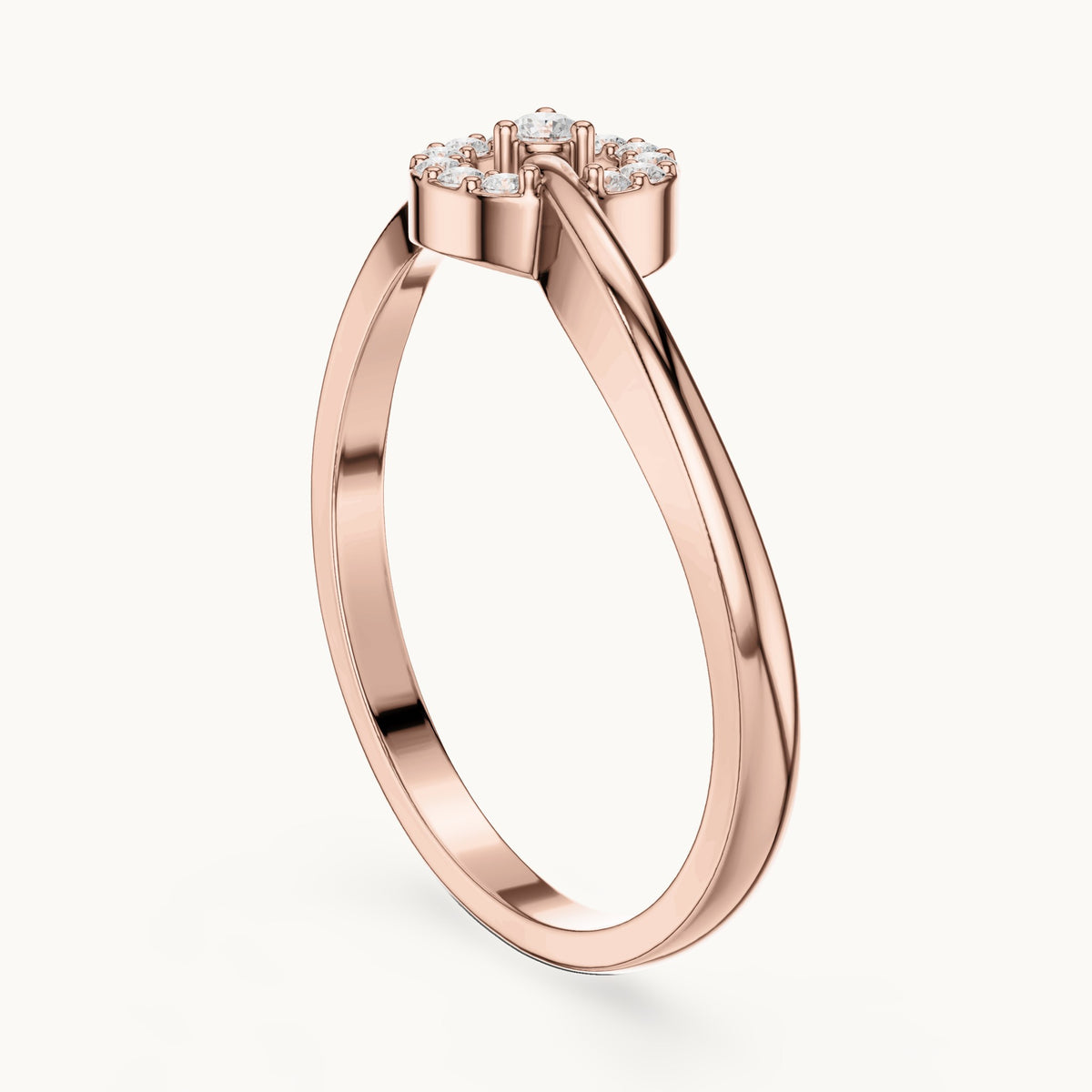 Round lab-grown diamond open halo swirl ring in rose gold, 0.09 CT TW, view 1