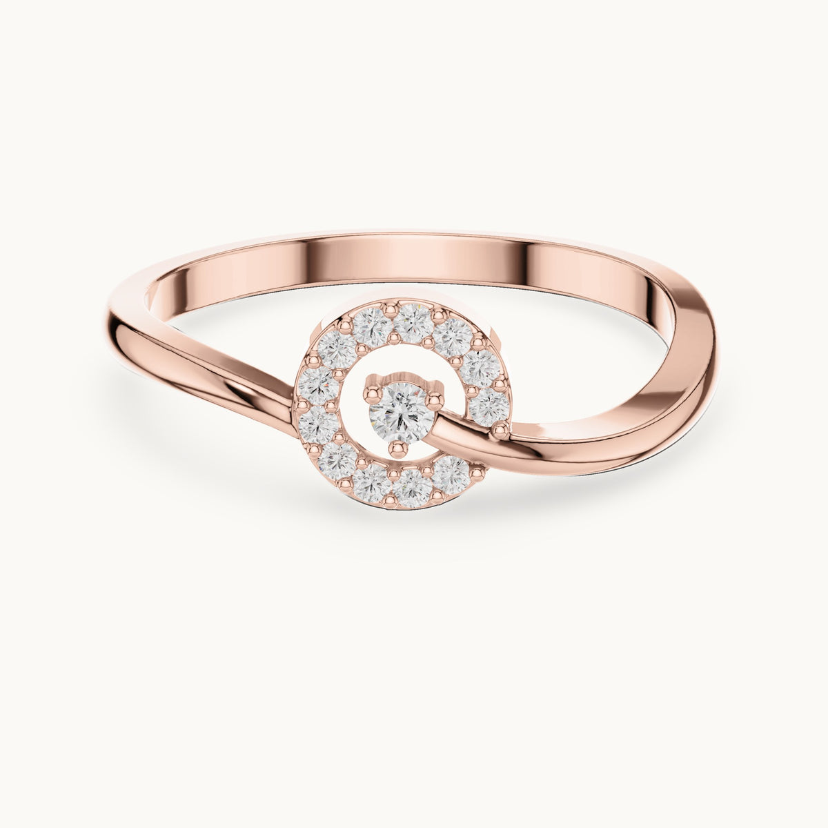Round lab-grown diamond open halo swirl ring in rose gold, 0.09 CT TW, view 4