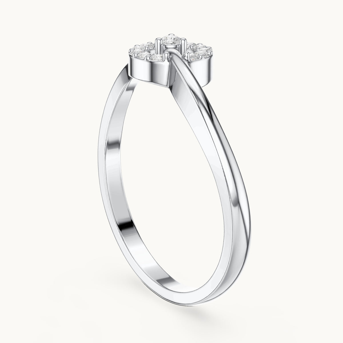 Round lab-grown diamond open halo swirl ring in white gold, 0.09 CT TW, view 1