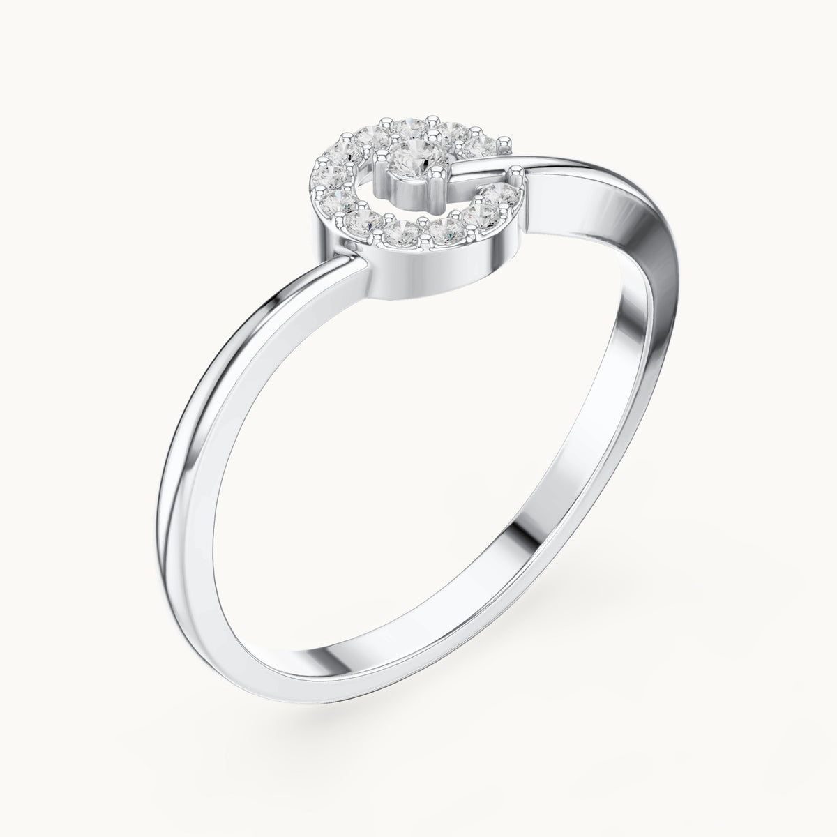 Round lab-grown diamond open halo swirl ring in white gold, 0.09 CT TW, view 2