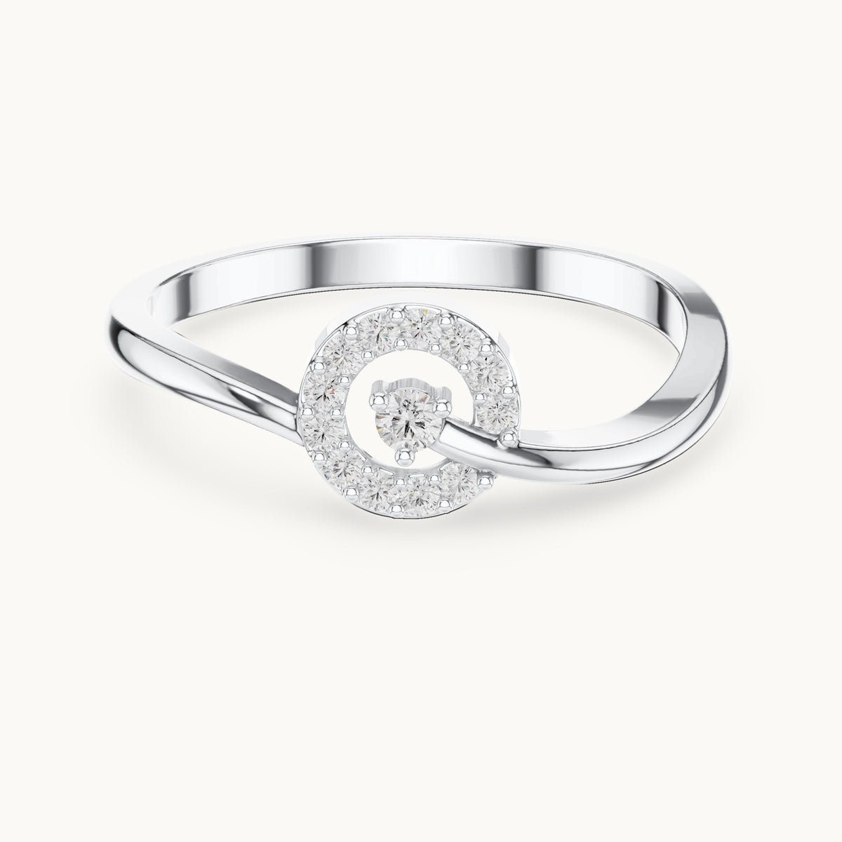 Round lab-grown diamond open halo swirl ring in white gold, 0.09 CT TW, view 4