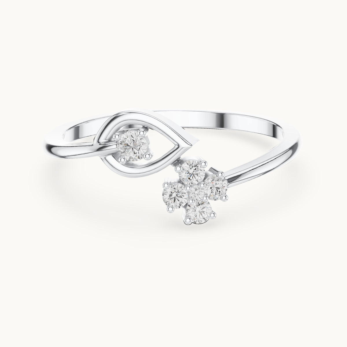 Round lab-grown diamond flower cluster bypass ring in white gold, 0.12 CT TW, view 4
