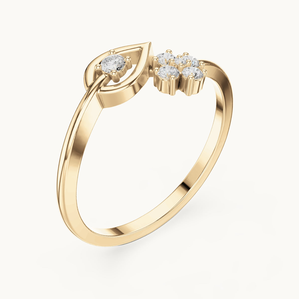 Round lab-grown diamond flower cluster bypass ring in yellow gold, 0.12 CT TW, view 2