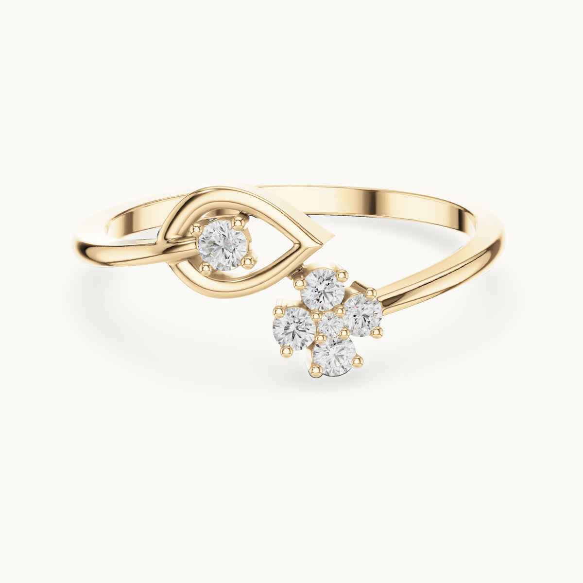 Round lab-grown diamond flower cluster bypass ring in yellow gold, 0.12 CT TW, view 4