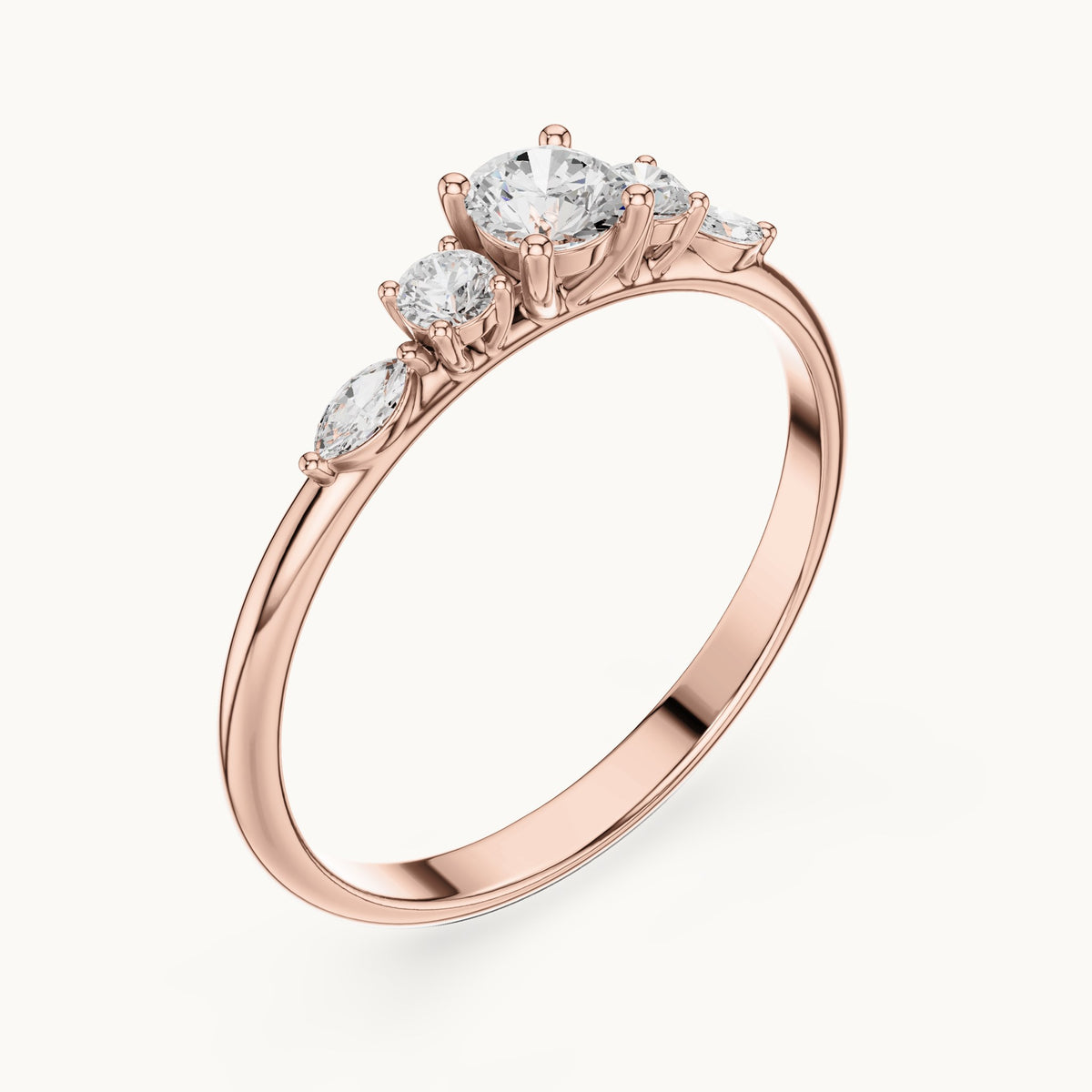 Round and marquise lab-grown diamond three-stone ring with marquise accents in rose gold, 0.299 CT TW, view 2