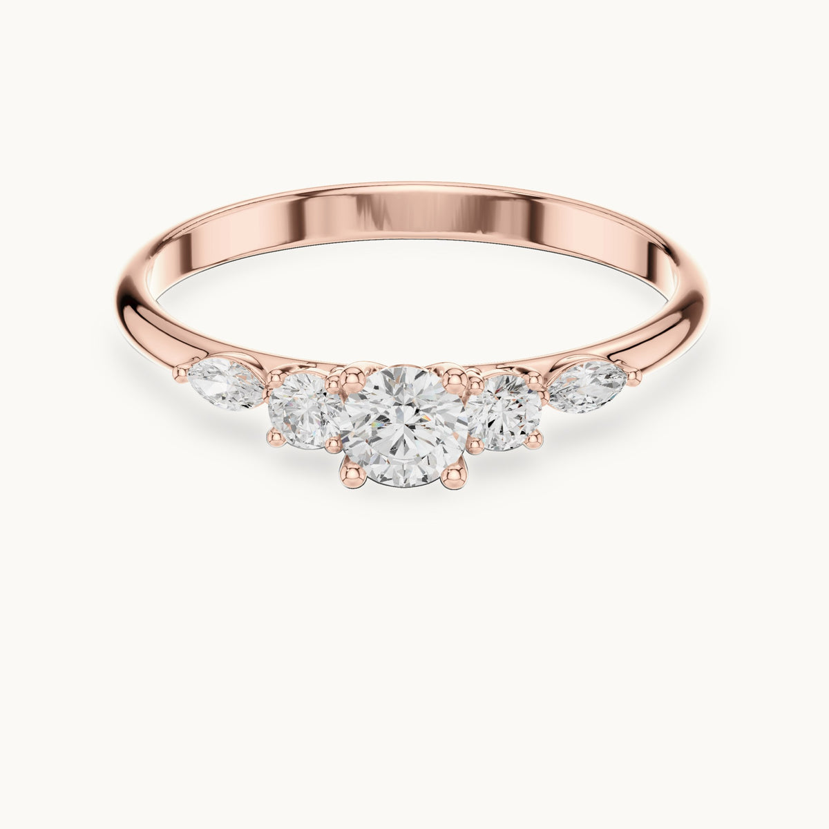 Round and marquise lab-grown diamond three-stone ring with marquise accents in rose gold, 0.299 CT TW, view 4