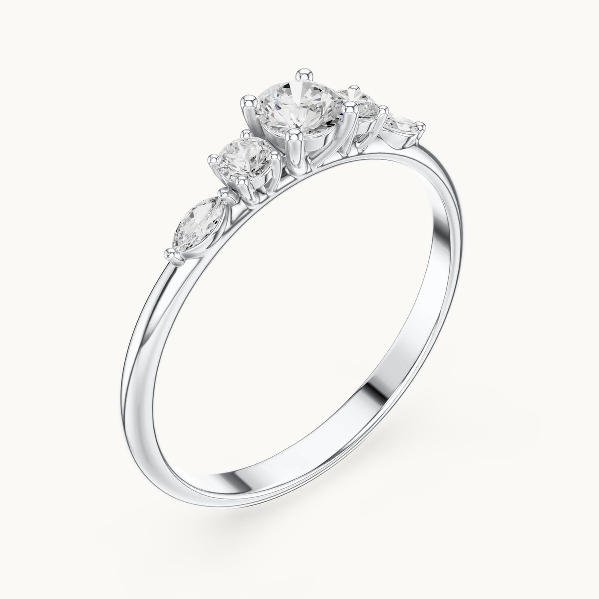 Round and marquise lab-grown diamond three-stone ring with marquise accents in white gold, 0.299 CT TW, view 2