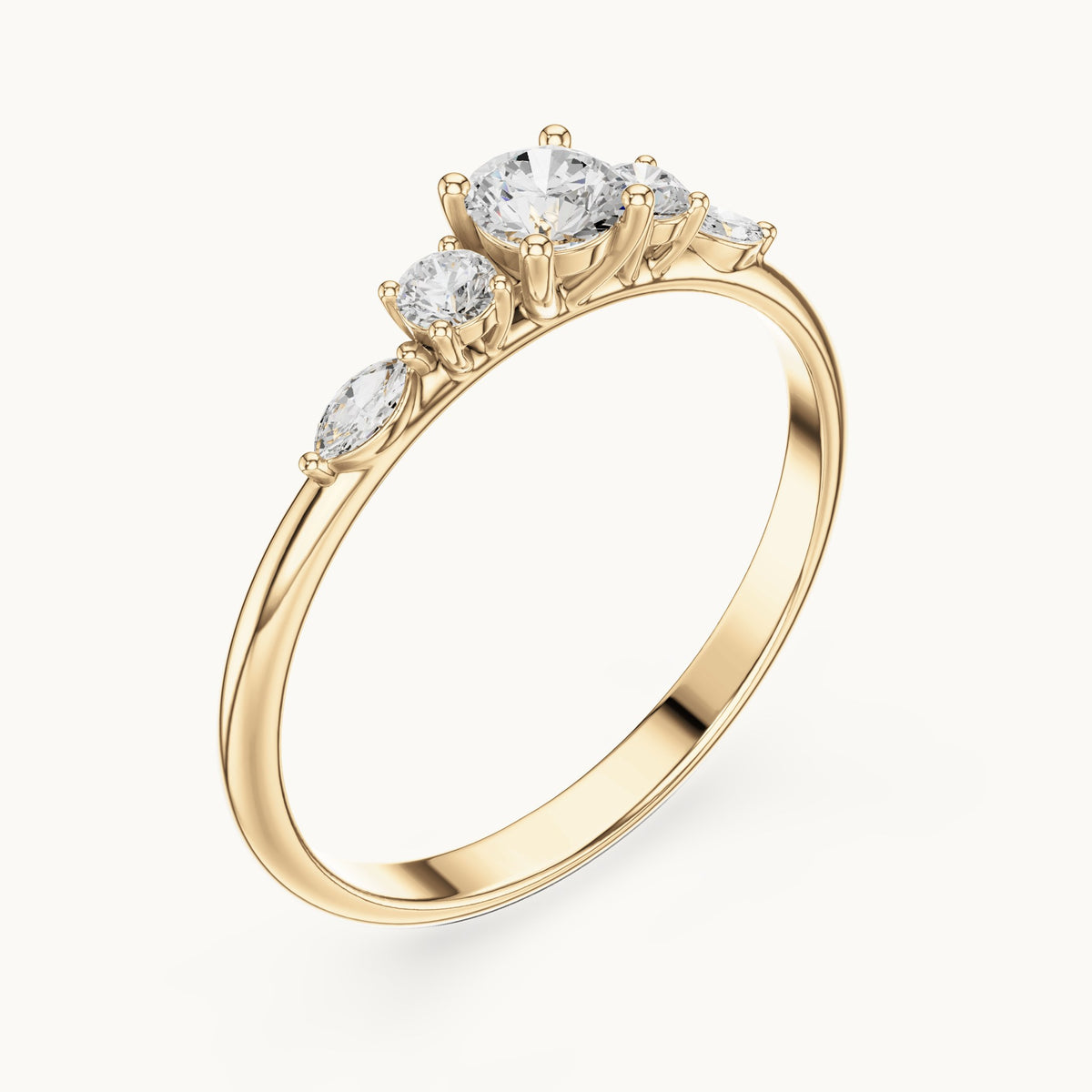 Round and marquise lab-grown diamond three-stone ring with marquise accents in yellow gold, 0.299 CT TW, view 2