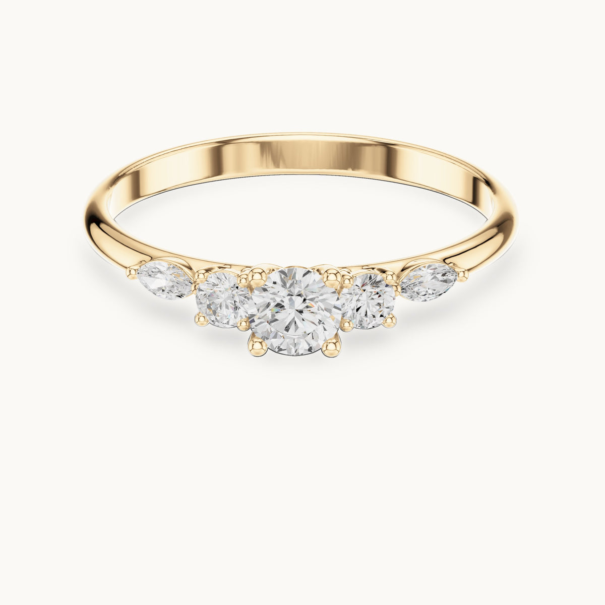 Round and marquise lab-grown diamond three-stone ring with marquise accents in yellow gold, 0.299 CT TW, view 4