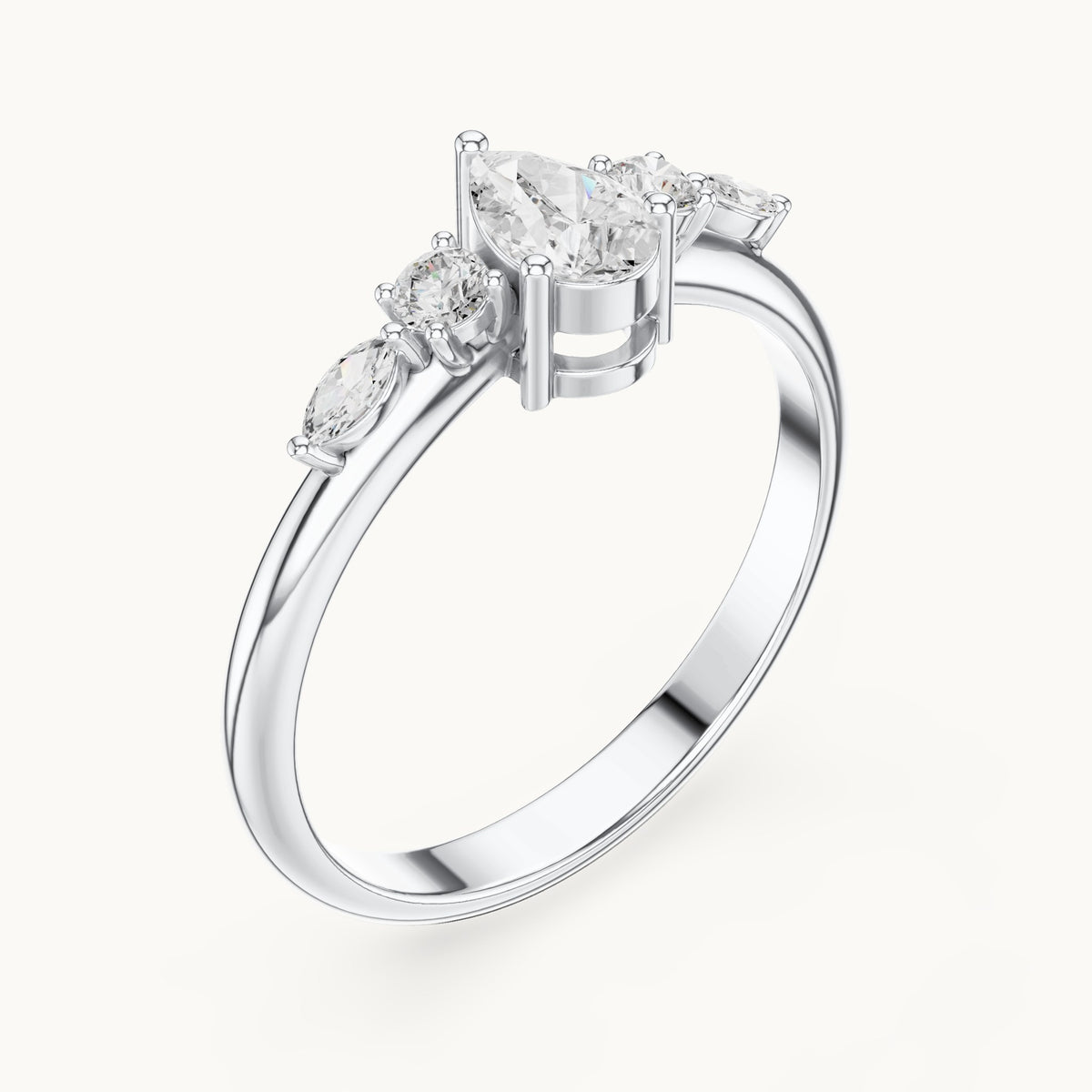 Pear lab-grown diamond engagement ring with marquise and round side stones in white gold, 0.38 CT TW, view 2