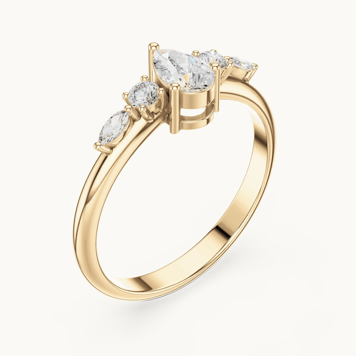 Pear lab-grown diamond engagement ring with marquise and round side stones in yellow gold, 0.38 CT TW, view 2