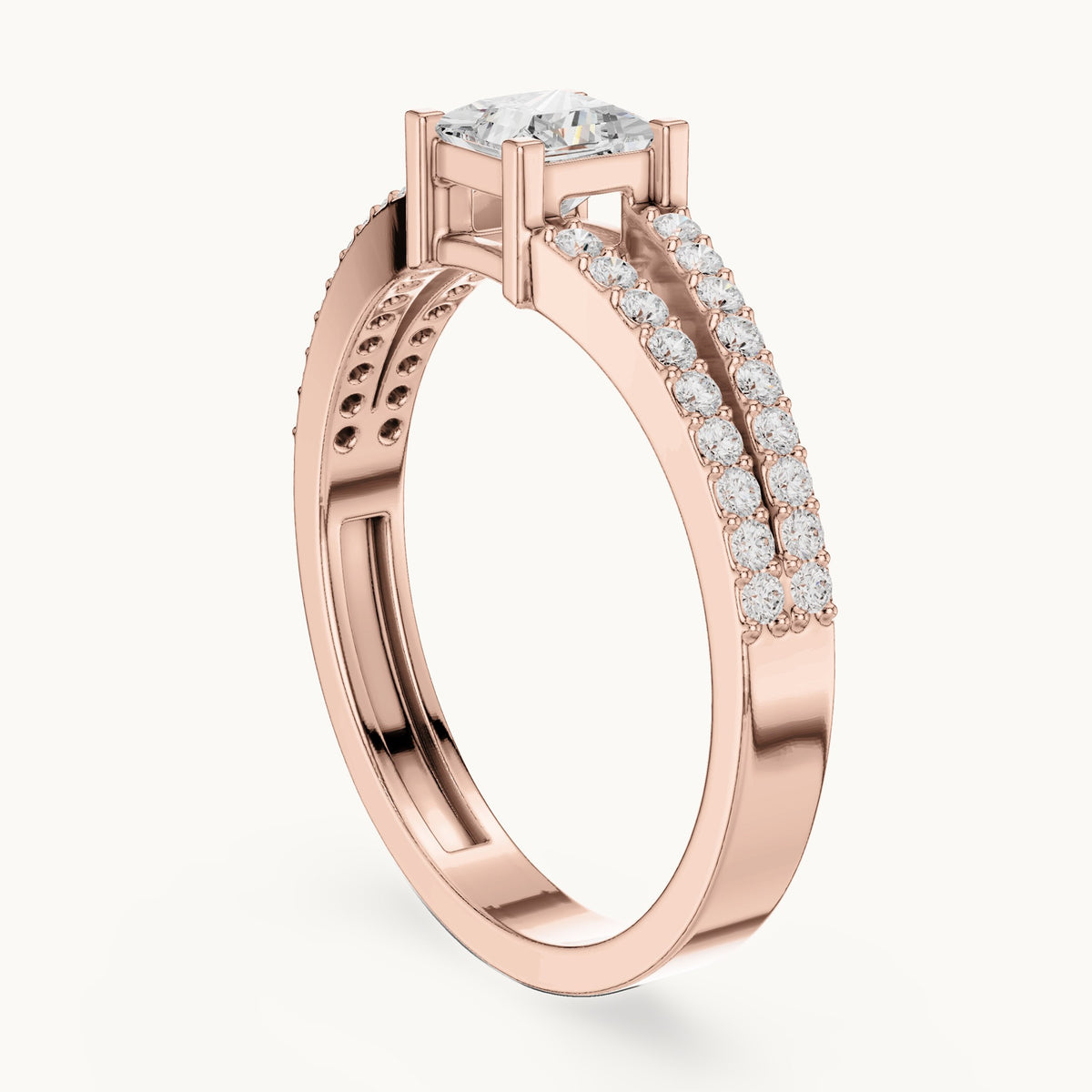 Princess-cut lab-grown diamond split band pavé engagement ring in rose gold, 0.61 CT TW, view 1