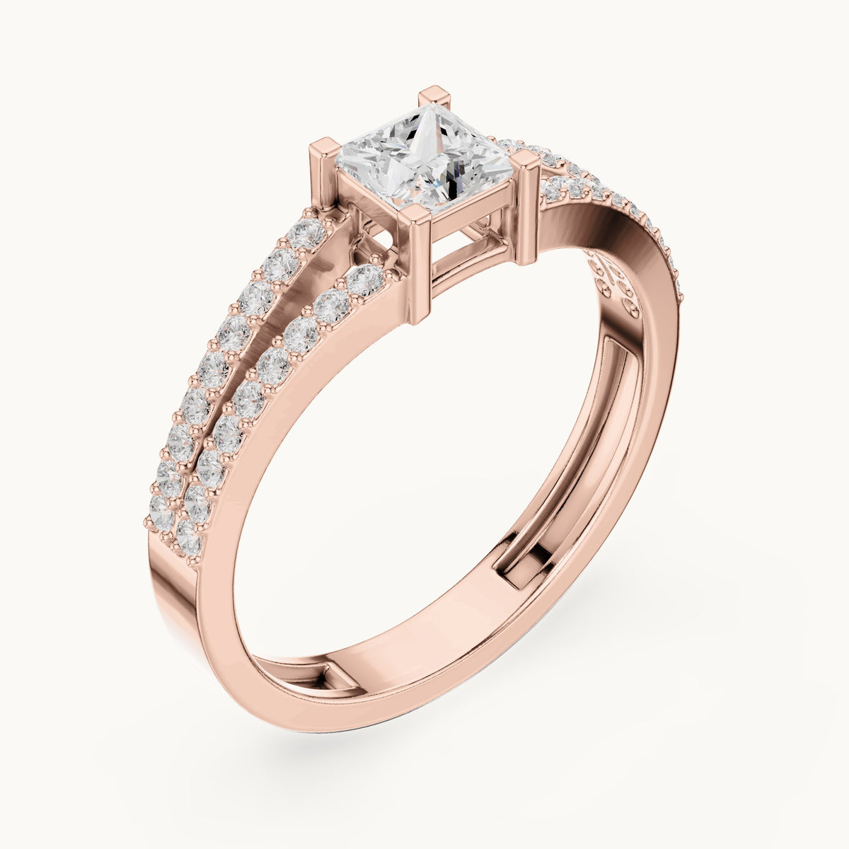 Princess-cut lab-grown diamond split band pavé engagement ring in rose gold, 0.61 CT TW, view 2