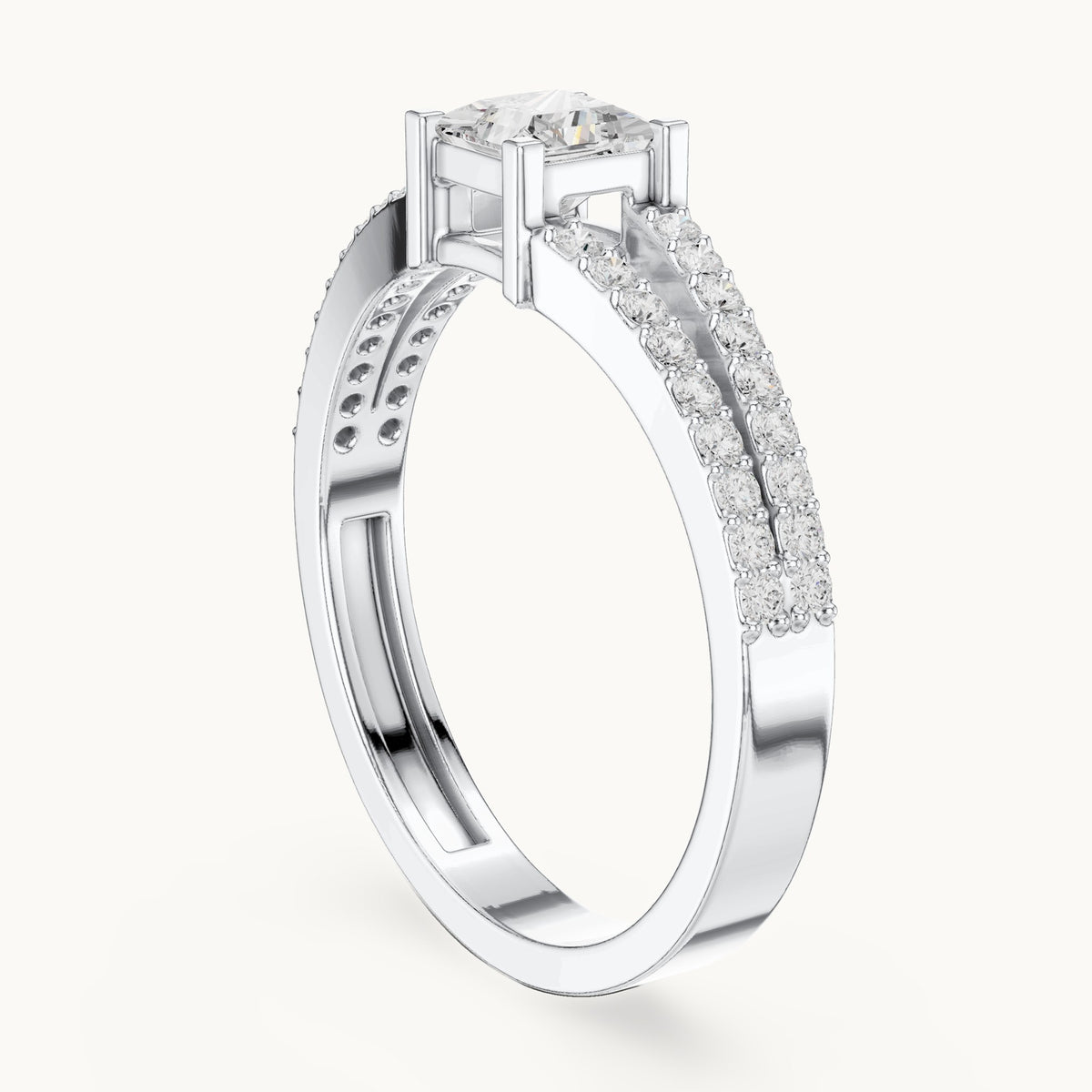 Princess-cut lab-grown diamond split band pavé engagement ring in white gold, 0.61 CT TW, view 1