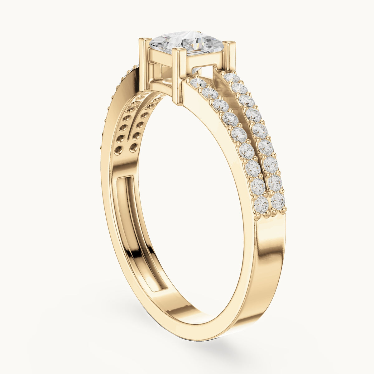 Princess-cut lab-grown diamond split band pavé engagement ring in yellow gold, 0.61 CT TW, view 1