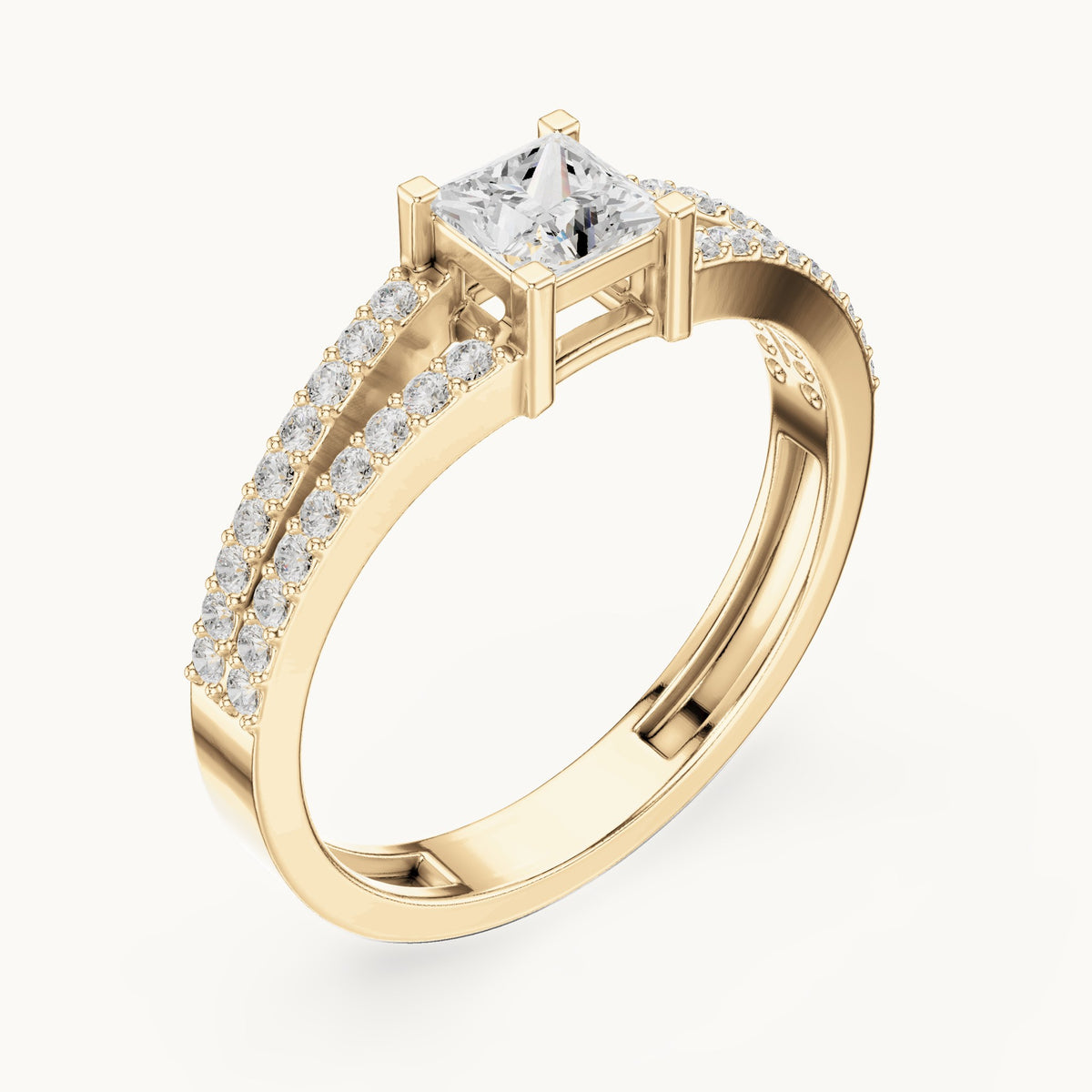 Princess-cut lab-grown diamond split band pavé engagement ring in yellow gold, 0.61 CT TW, view 2