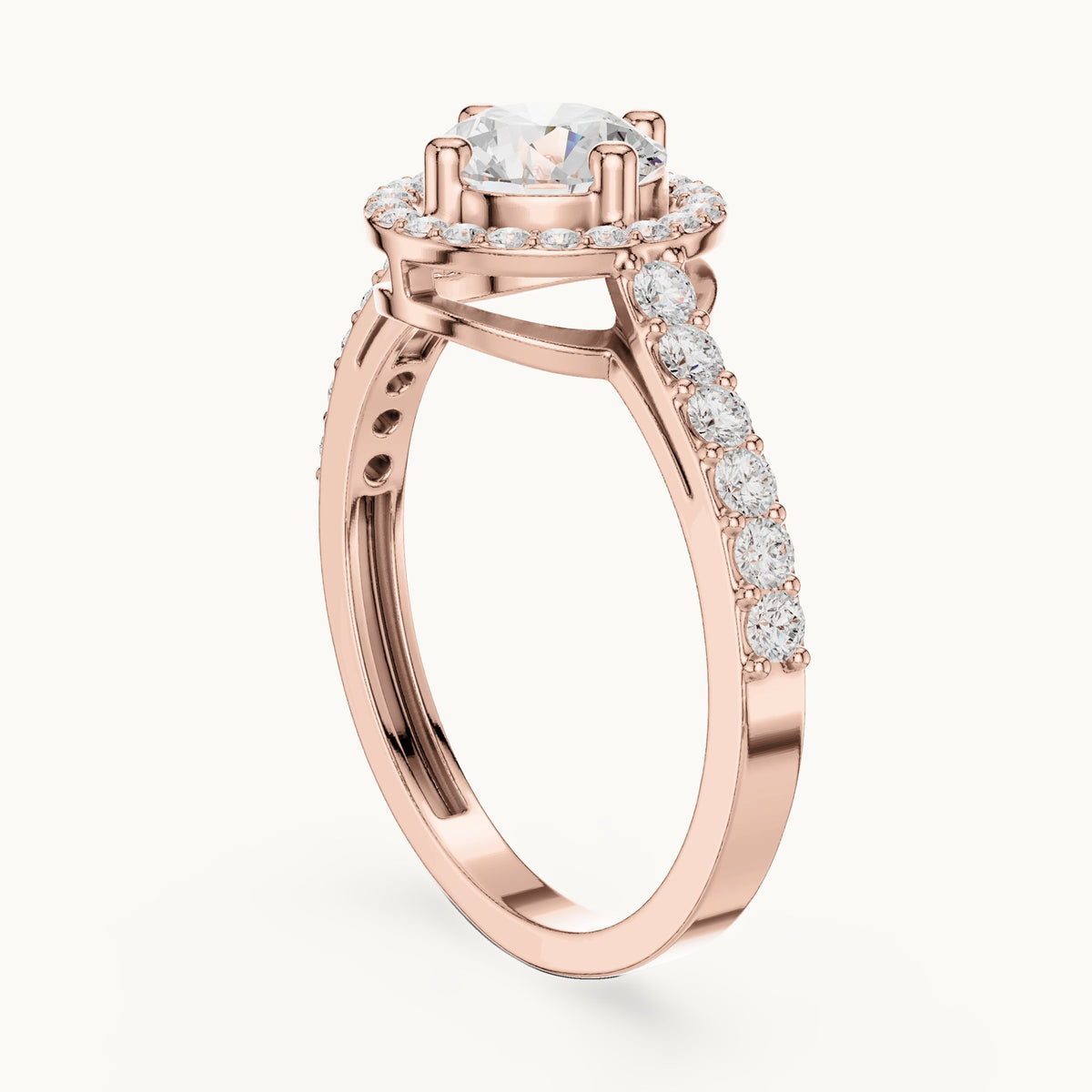 Round lab-grown diamond compass-prong halo engagement ring with half pavé band in rose gold, 1.19 CT TW, view 1
