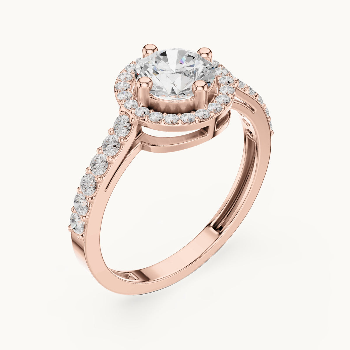 Round lab-grown diamond compass-prong halo engagement ring with half pavé band in rose gold, 1.19 CT TW, view 2