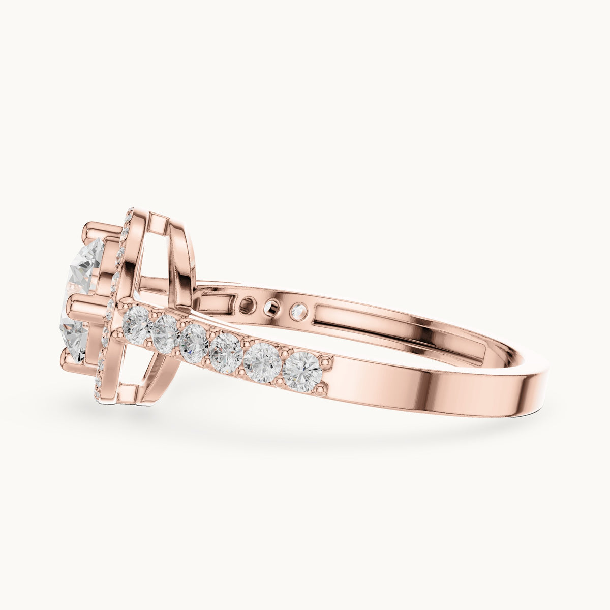 Round lab-grown diamond compass-prong halo engagement ring with half pavé band in rose gold, 1.19 CT TW, view 3