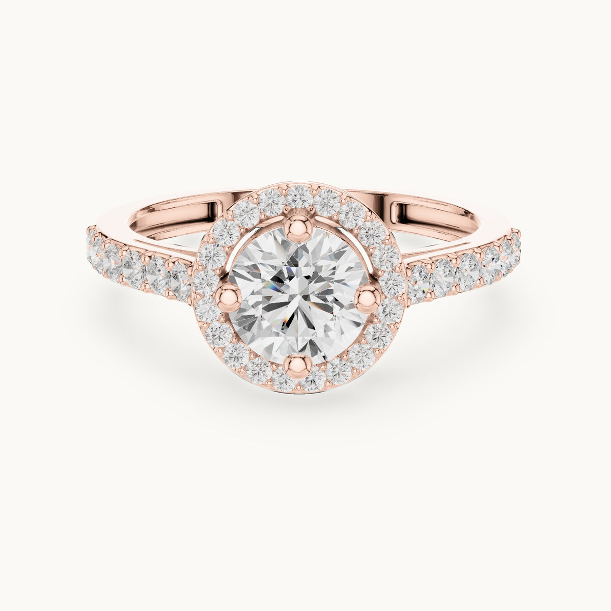 Round lab-grown diamond compass-prong halo engagement ring with half pavé band in rose gold, 1.19 CT TW, view 4