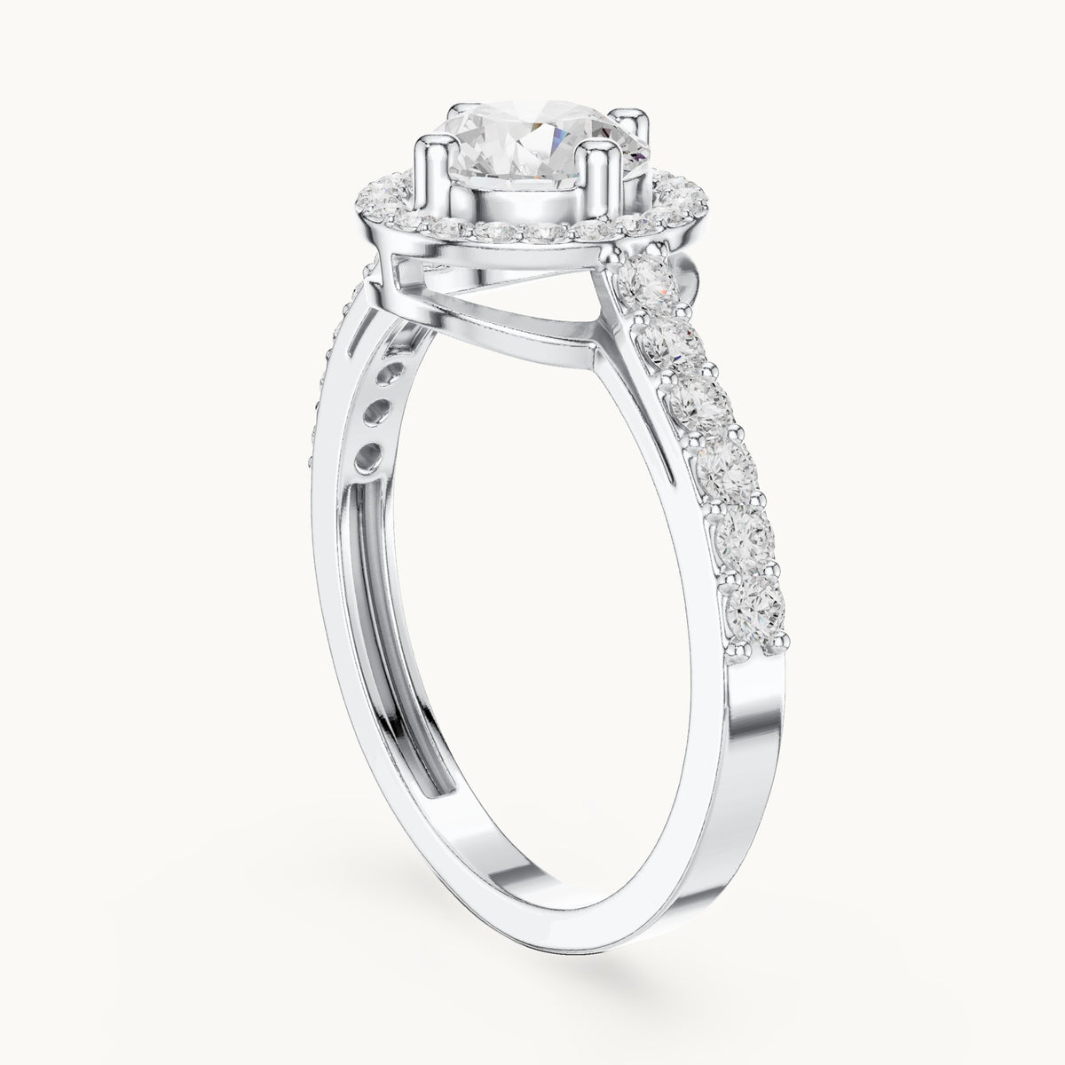 Round lab-grown diamond compass-prong halo engagement ring with half pavé band in white gold, 1.19 CT TW, view 1