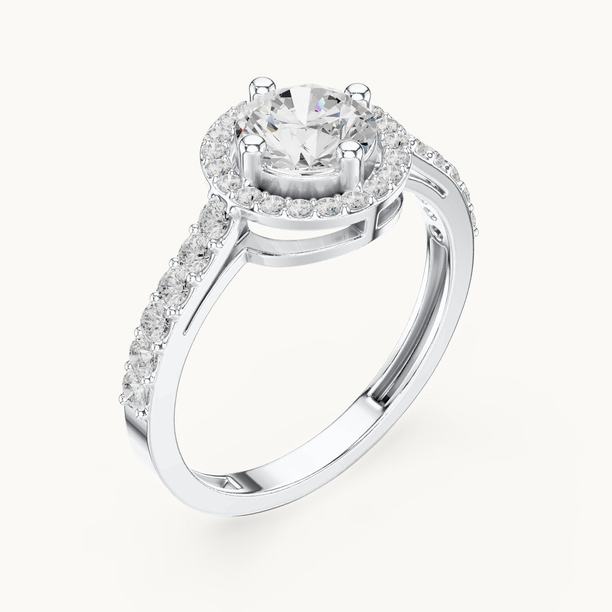 Round lab-grown diamond compass-prong halo engagement ring with half pavé band in white gold, 1.19 CT TW, view 2