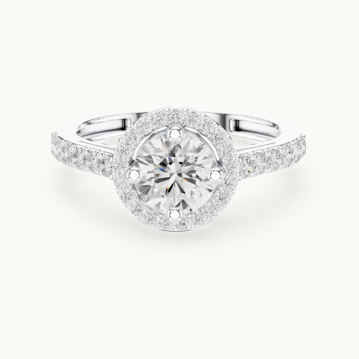 Round lab-grown diamond compass-prong halo engagement ring with half pavé band in white gold, 1.19 CT TW, view 4