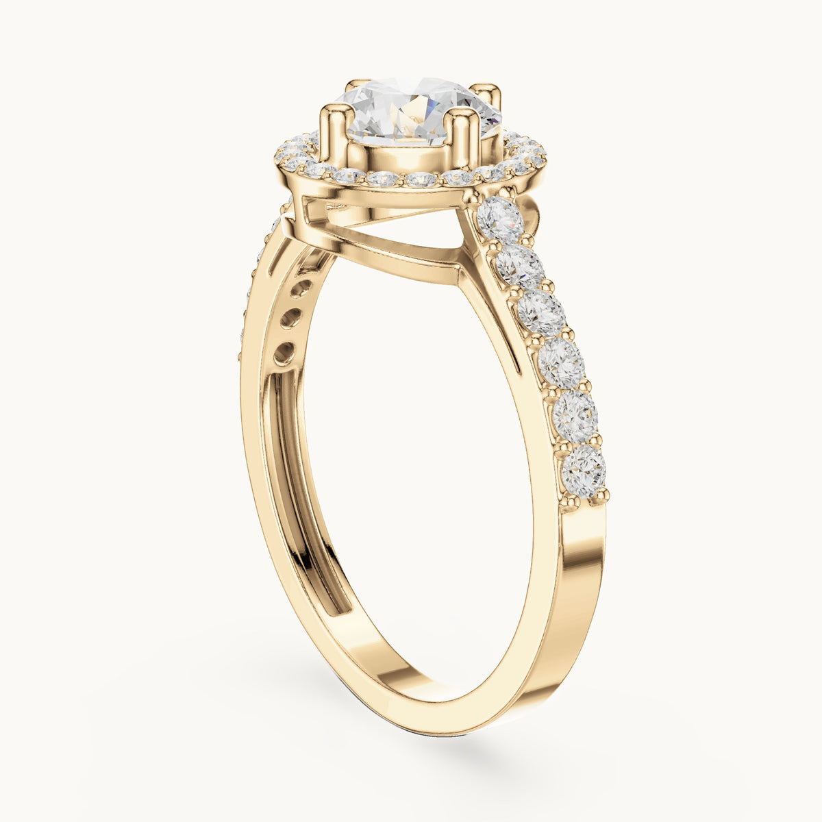 Round lab-grown diamond compass-prong halo engagement ring with half pavé band in yellow gold, 1.19 CT TW, view 1