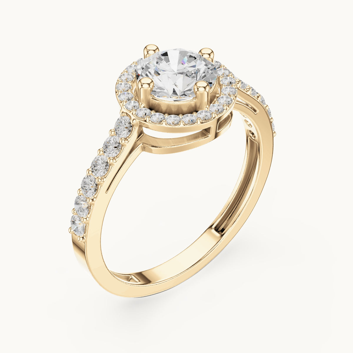 Round lab-grown diamond compass-prong halo engagement ring with half pavé band in yellow gold, 1.19 CT TW, view 2
