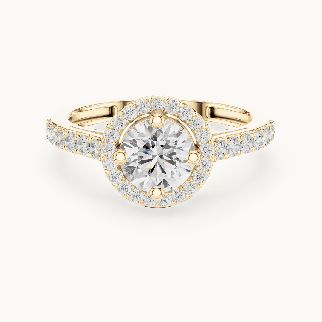 Round lab-grown diamond compass-prong halo engagement ring with half pavé band in yellow gold, 1.19 CT TW, view 4