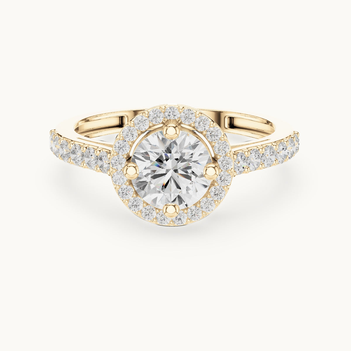 Round lab-grown diamond compass-prong halo engagement ring with half pavé band in yellow gold, 1.19 CT TW, view 4