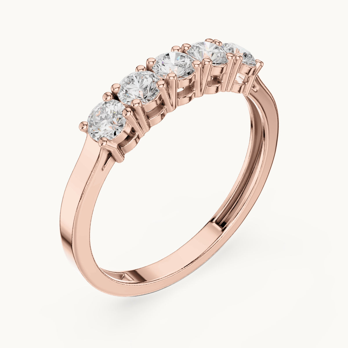 Round lab-grown diamond shared-prong five-stone band in rose gold, 0.55 CT TW, view 2