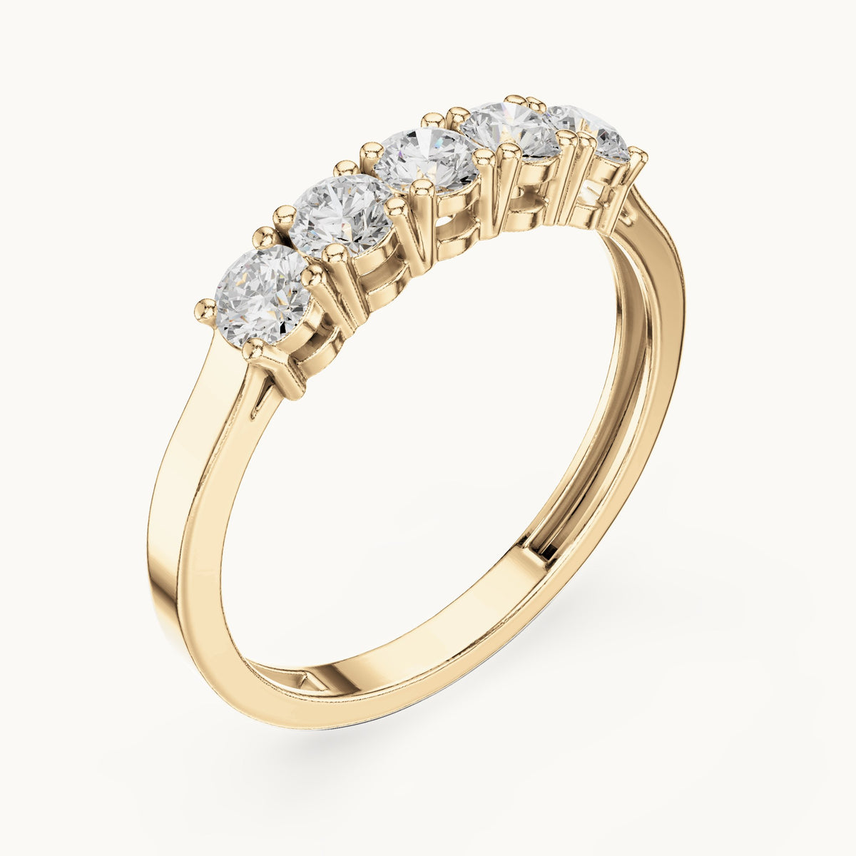 Round lab-grown diamond shared-prong five-stone band in yellow gold, 0.55 CT TW, view 2