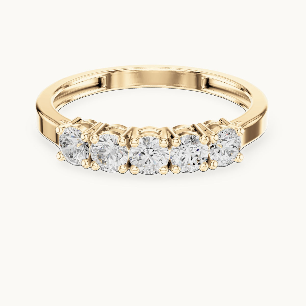 Round lab-grown diamond shared-prong five-stone band in yellow gold, 0.55 CT TW, view 4