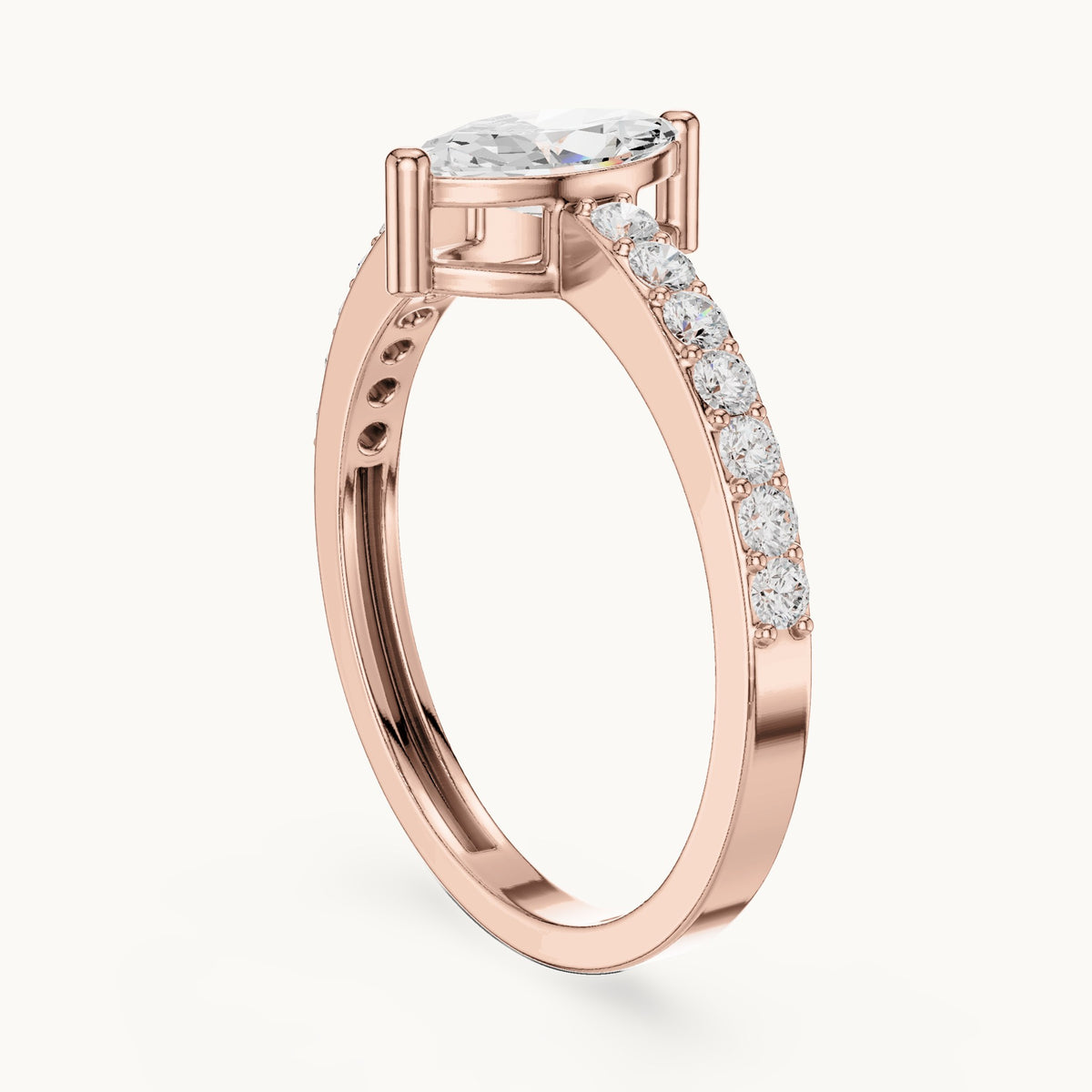 Marquise lab-grown diamond solitaire engagement ring with pavé band in rose gold, 0.69 CT TW, view 1