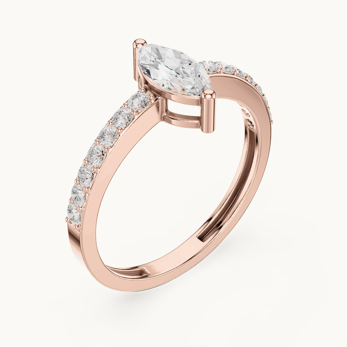 Marquise lab-grown diamond solitaire engagement ring with pavé band in rose gold, 0.69 CT TW, view 2