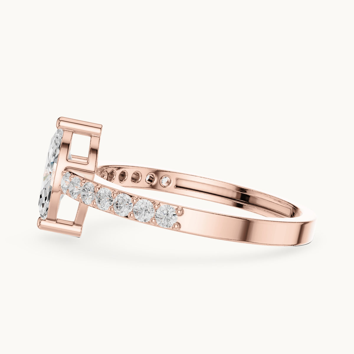Marquise lab-grown diamond solitaire engagement ring with pavé band in rose gold, 0.69 CT TW, view 3