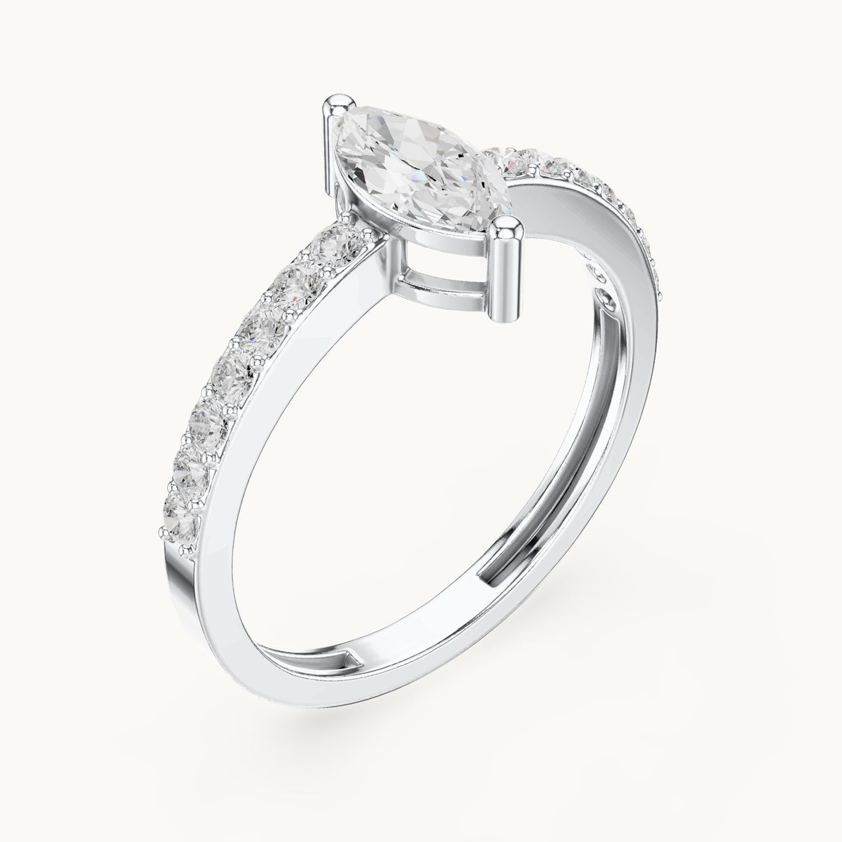 Marquise lab-grown diamond solitaire engagement ring with pavé band in white gold, 0.69 CT TW, view 2