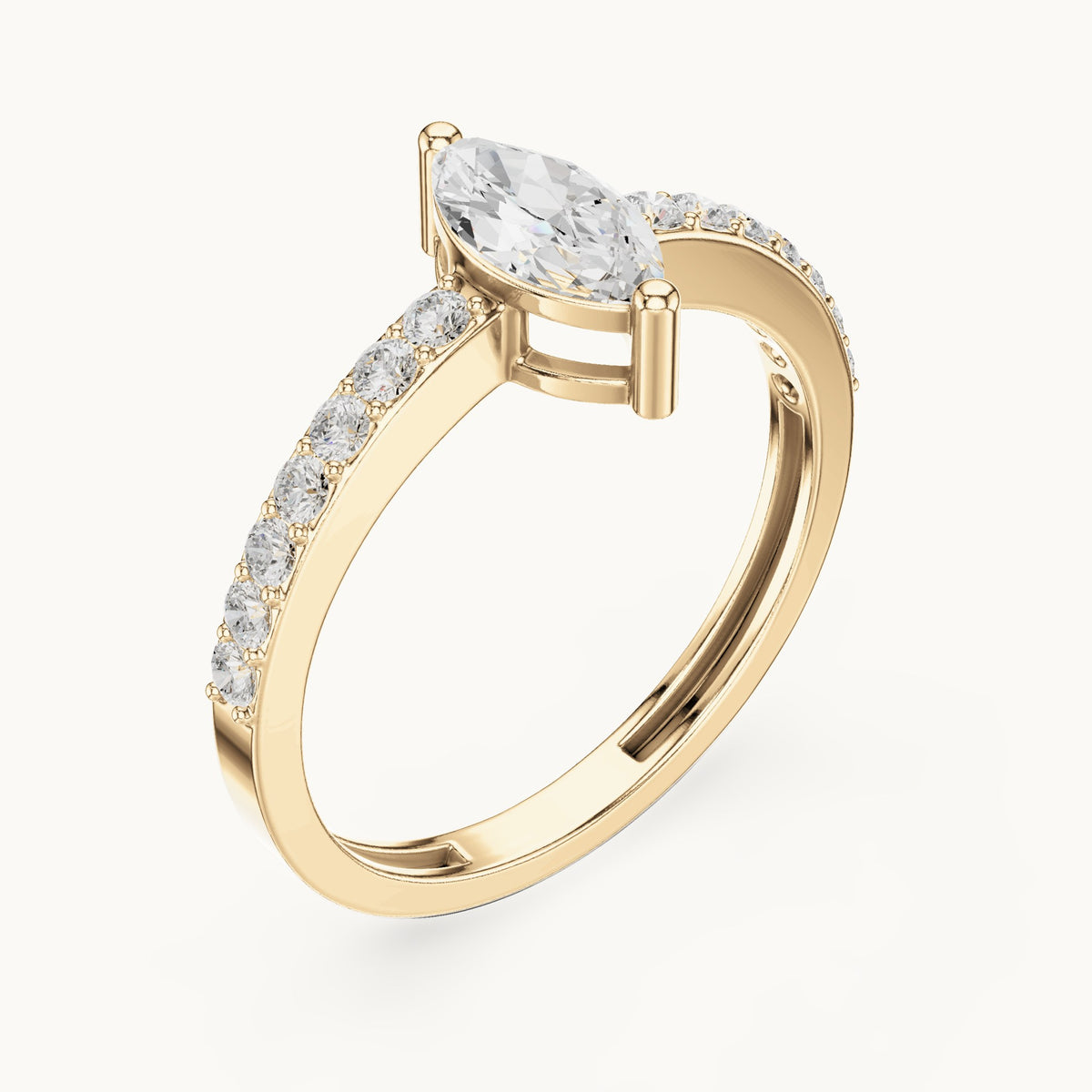 Marquise lab-grown diamond solitaire engagement ring with pavé band in yellow gold, 0.69 CT TW, view 2