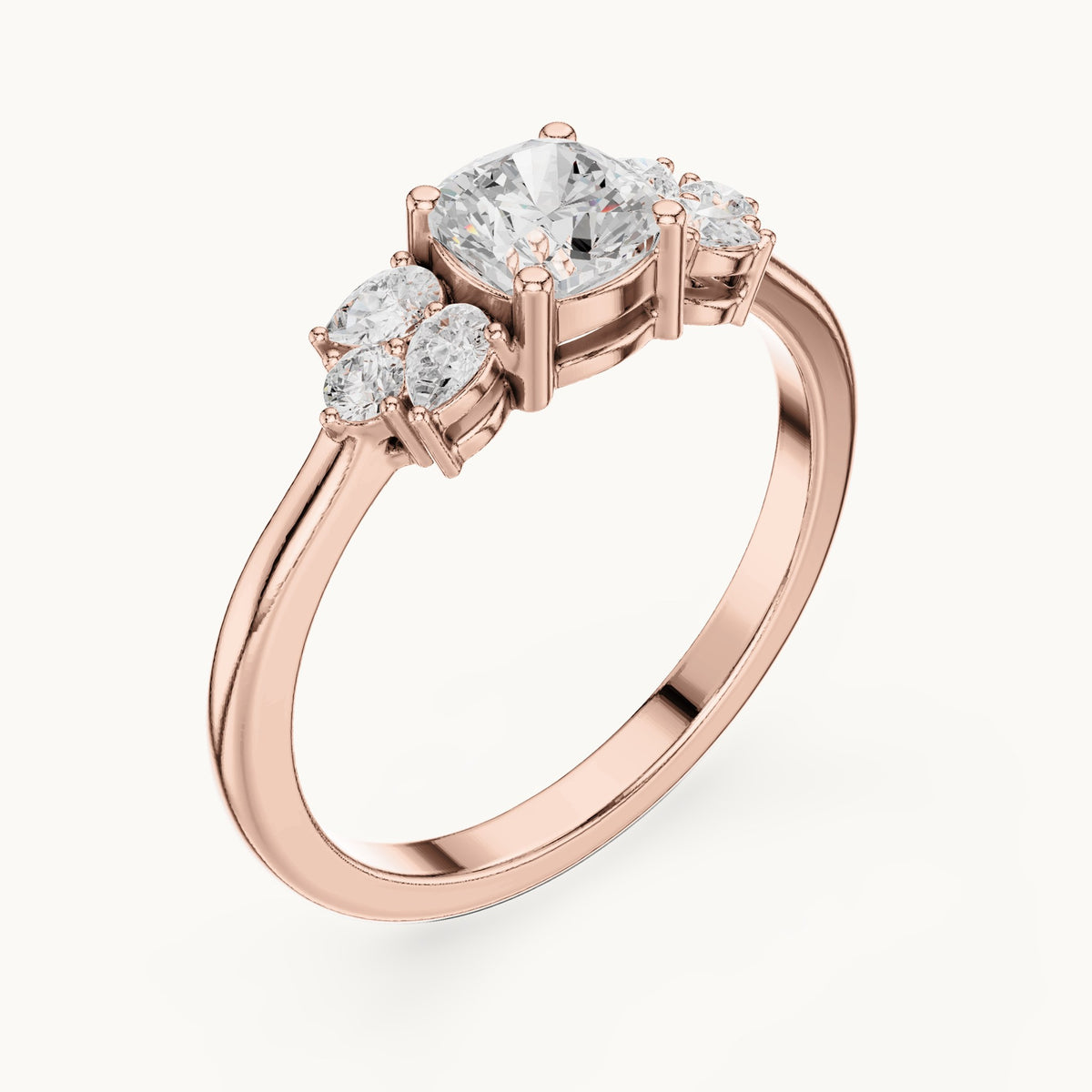 Cushion and pear lab-grown diamond engagement ring with clusters in rose gold, 0.89 CT TW, view 2