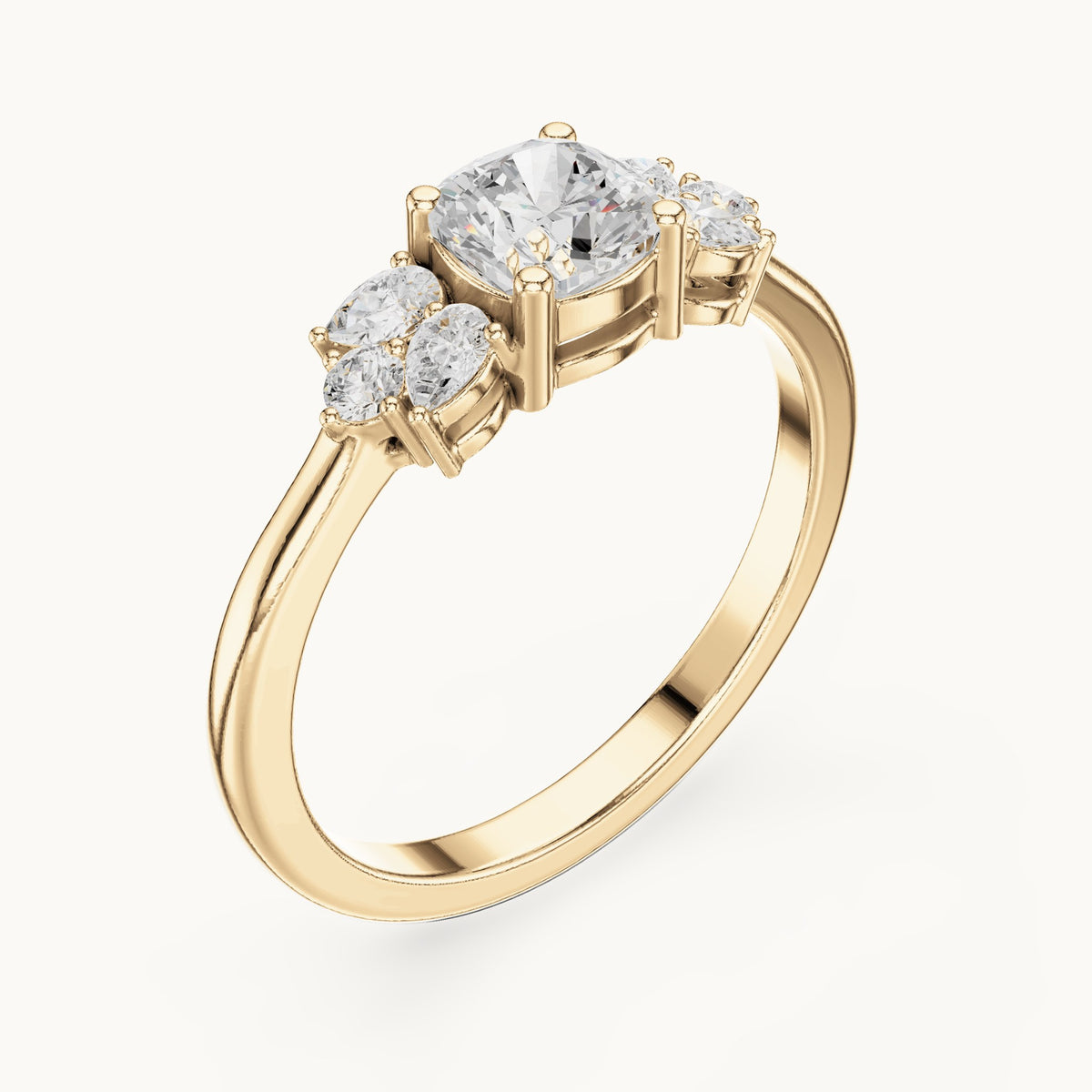 Cushion and pear lab-grown diamond engagement ring with clusters in yellow gold, 0.89 CT TW, view 2