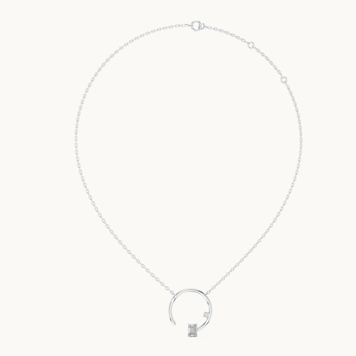 Emerald-cut and round lab-grown diamond open circle pendant in white gold, 0.98 CT TW, view 1