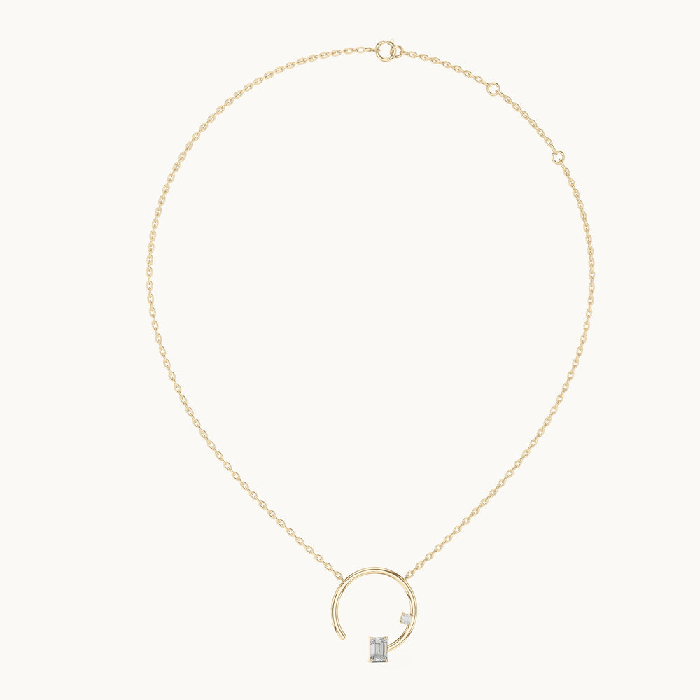 Emerald-cut and round lab-grown diamond open circle pendant in yellow gold, 0.98 CT TW, view 1